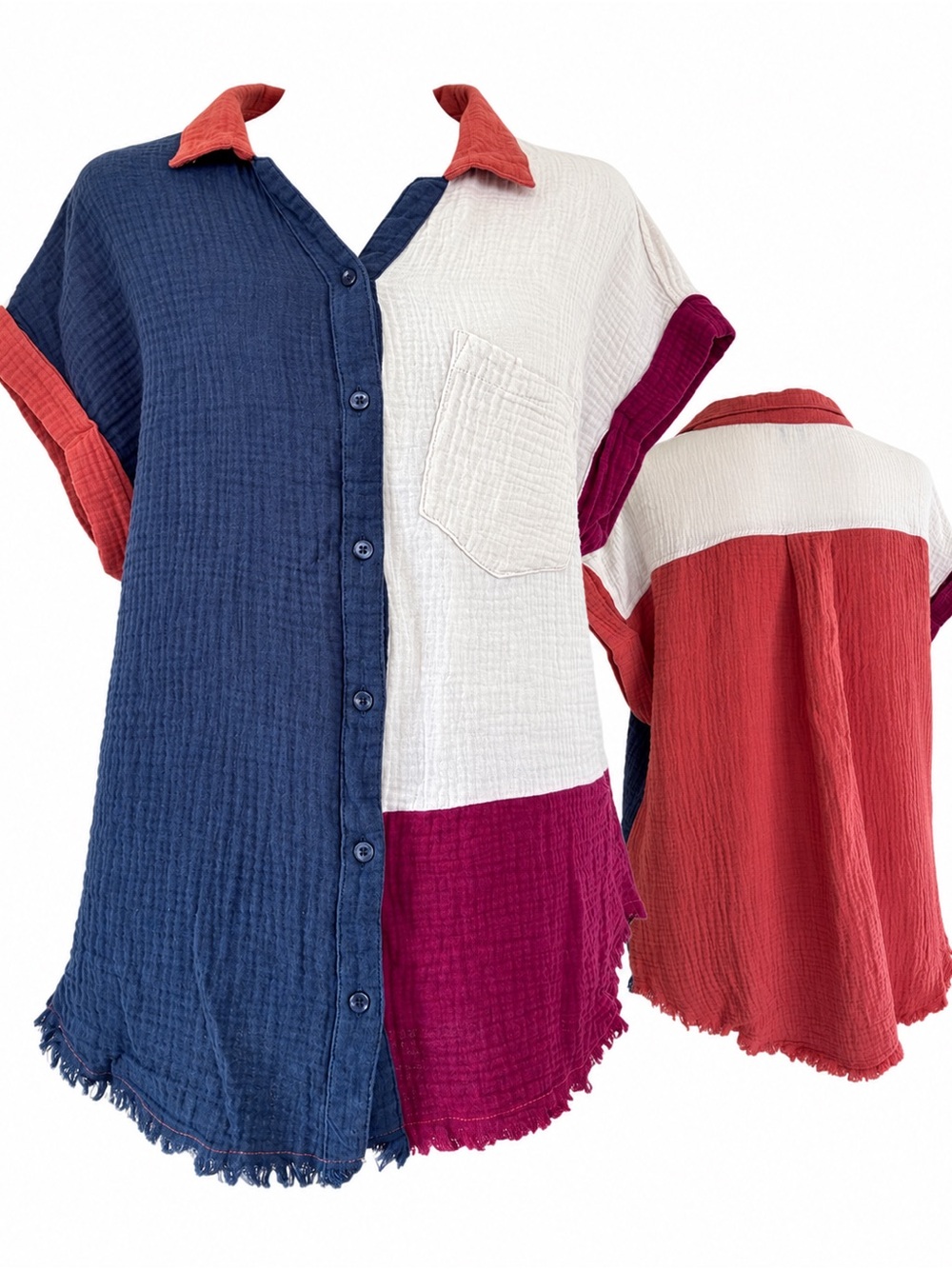 Umgee Color Block Gauze Oversized Button Down Shirt Size S